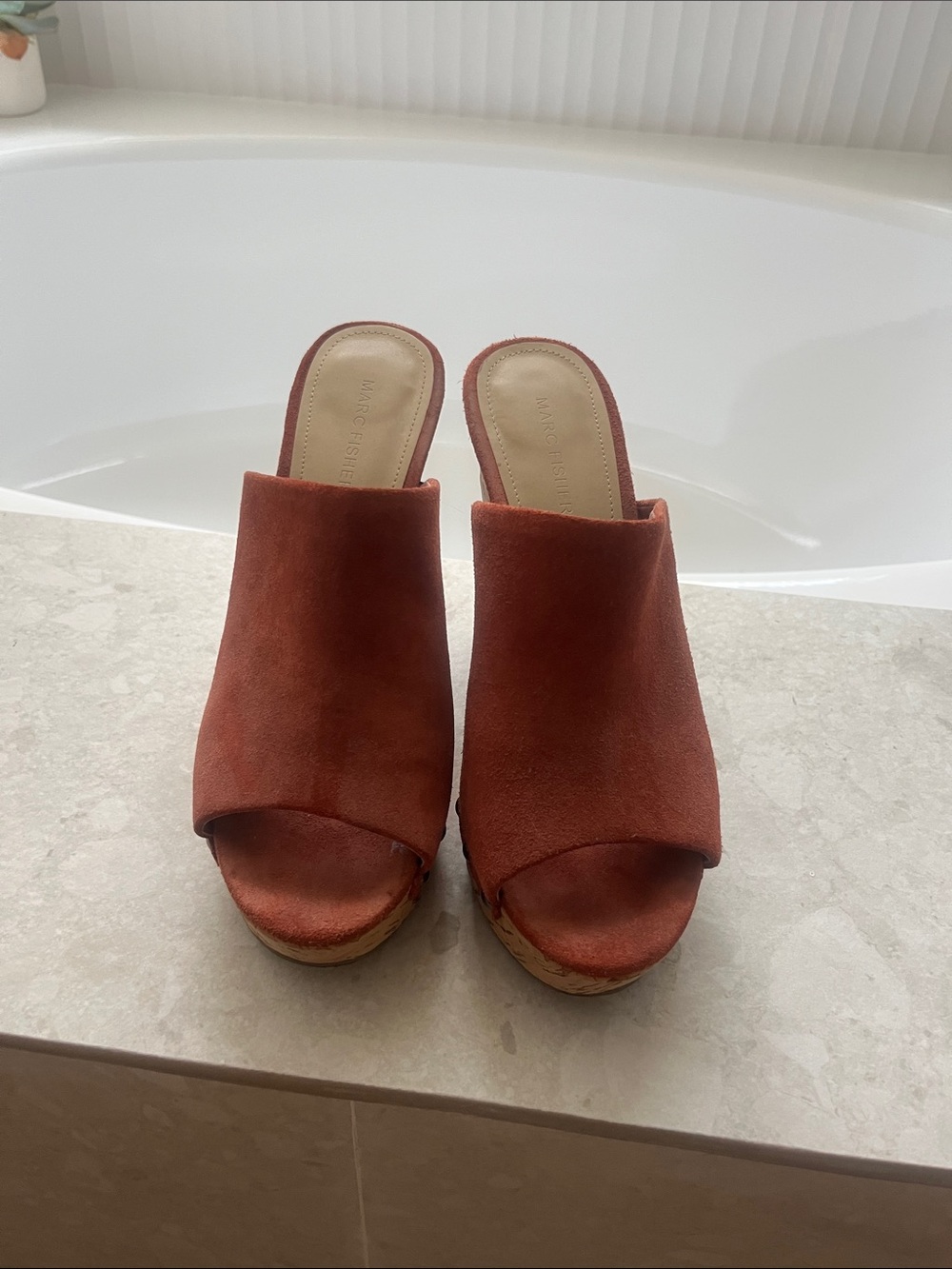 Marc Fisher Rust Suede Platform Wedge Mules